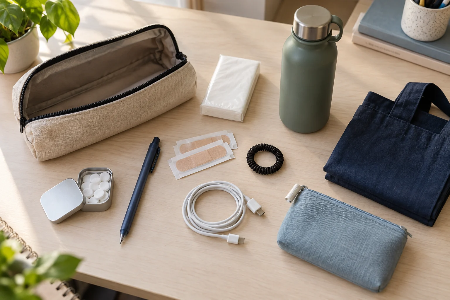 Pochette, mouchoirs, pansements, stylo, câble, gourde et autres petits objets disposés sur un bureau.