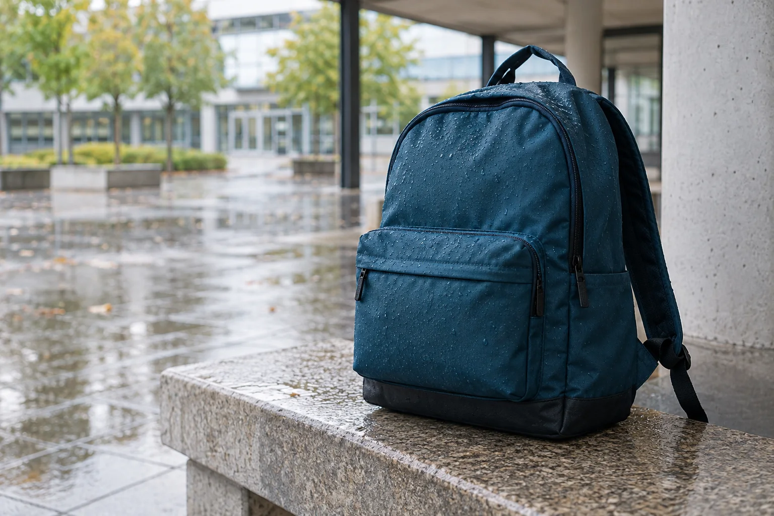 Sac de cours bleu couvert de gouttes sur un banc sous un préau