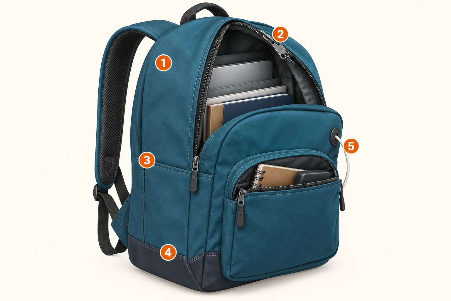 Sac de cours ouvert avec cinq repères sur le tissu, le zip, les coutures, le fond et une ouverture de poche