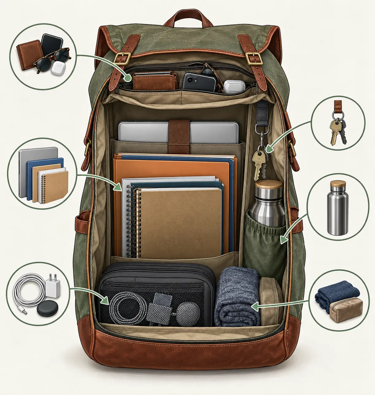 Vue en coupe d’un sac rétro organisé avec compartiment numérique, documents, pochettes, clés et bouteille