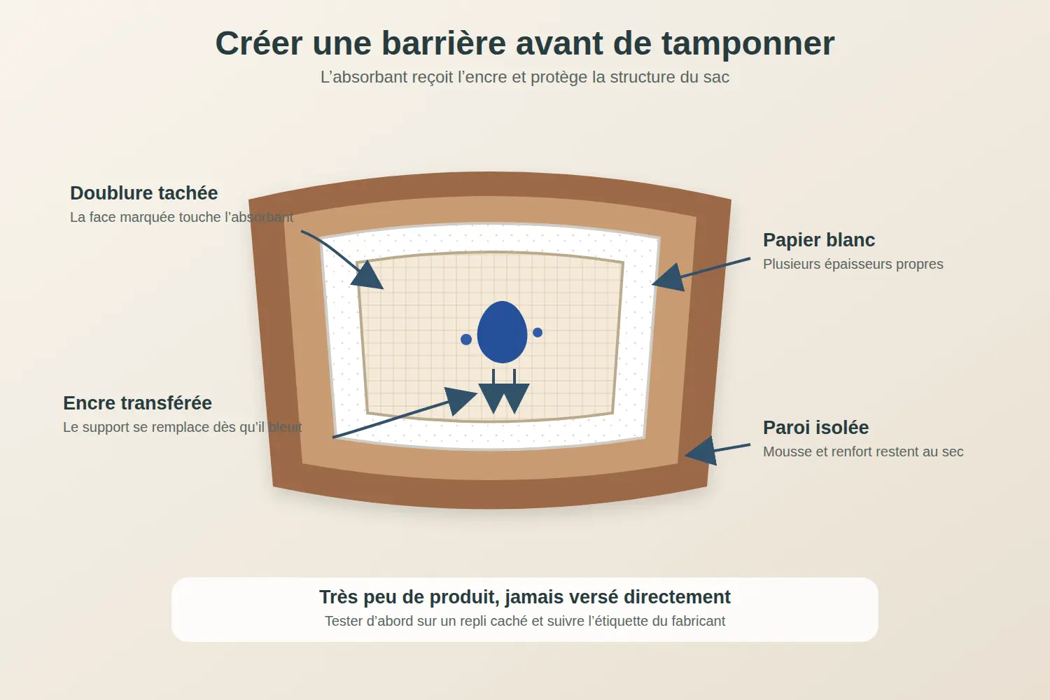 Coupe d'une doublure de sac avec un papier absorbant placé entre la tache d'encre et la paroi