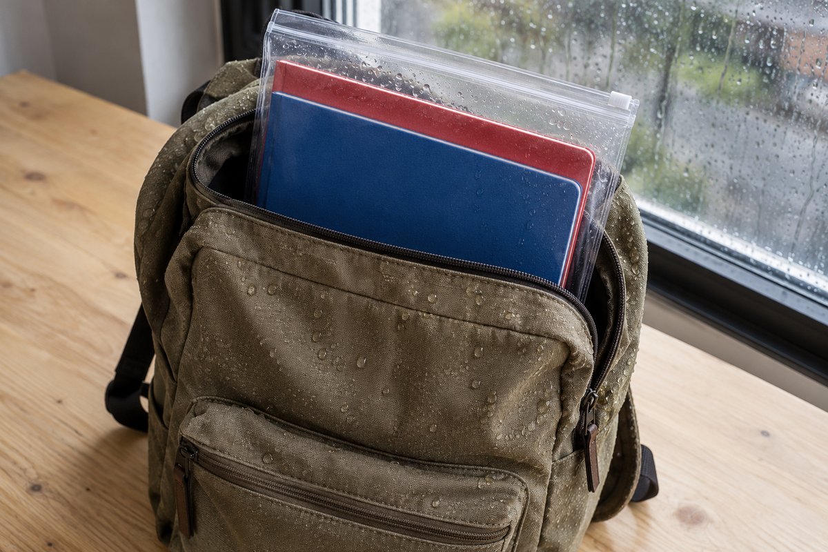 Cahiers grand format dans une pochette zip transparente glissée dans un sac de cours mouillé