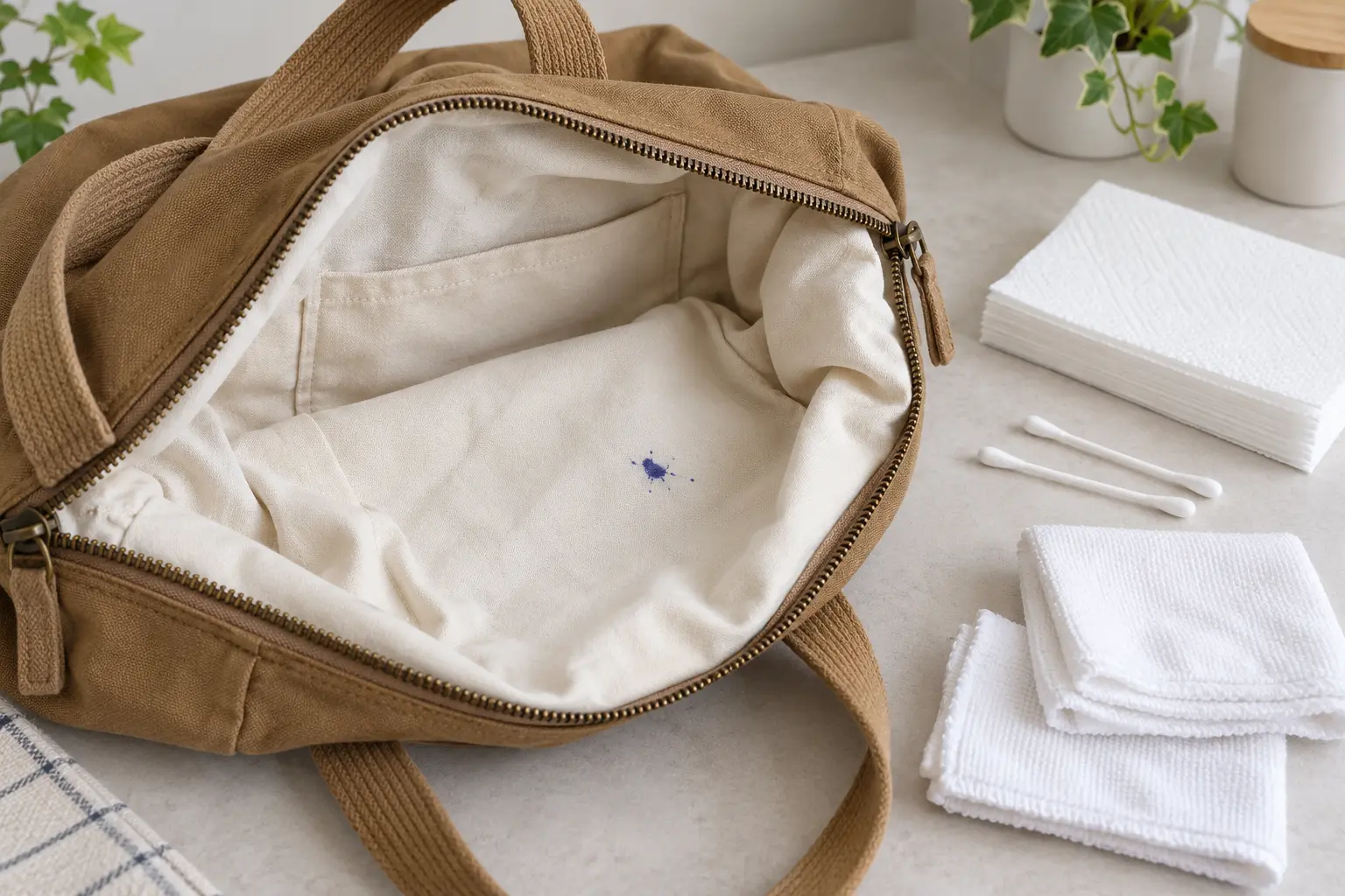 Sac ouvert avec une tache d’encre sur la doublure et le matériel de détachage préparé