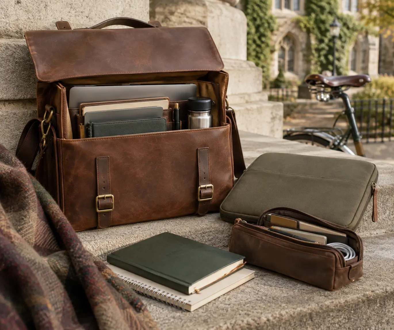 Sac de cours rétro brun ouvert près de cahiers, d'une housse numérique et d'une pochette
