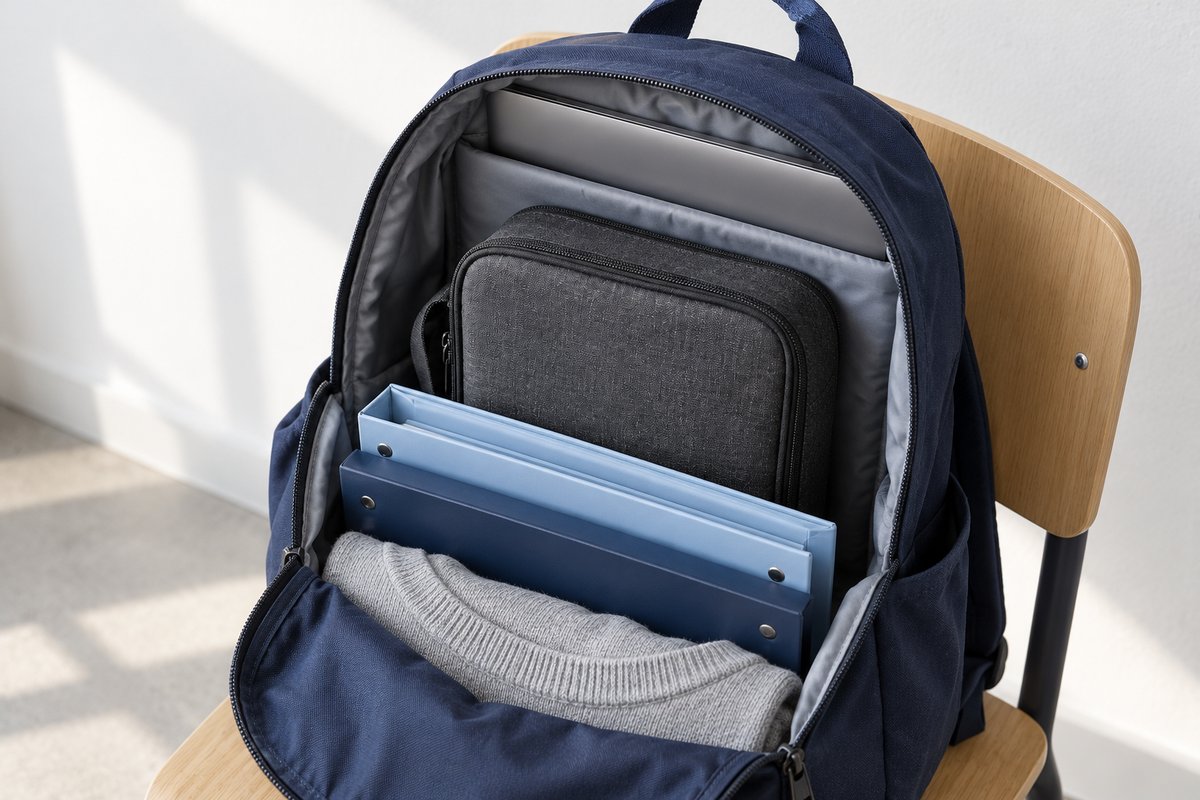 Poche repas isotherme rangée debout dans un sac de cours séparée de l'ordinateur