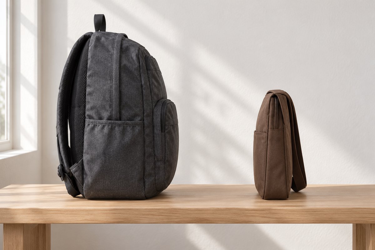 Sac à dos 20 litres bombé à côté d'un sac bandoulière plat vus de profil